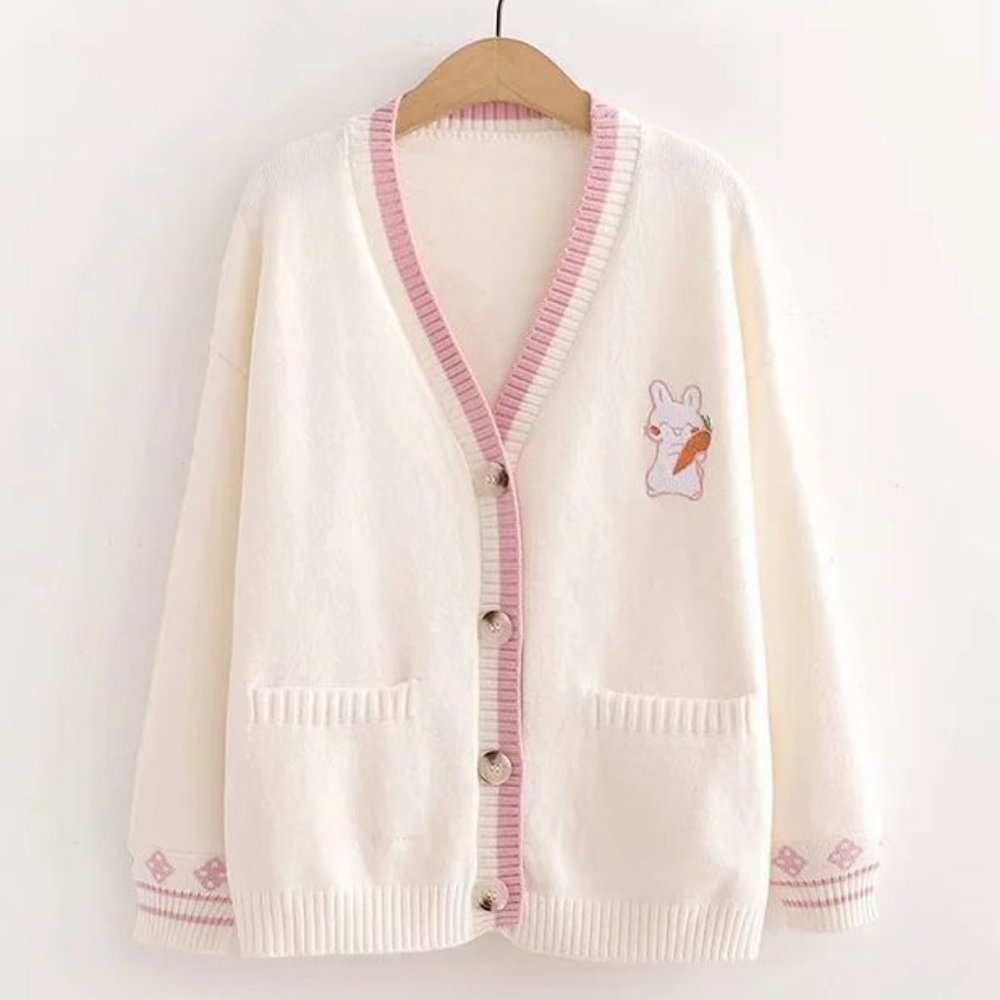 Carrot Bunny Knit Cardigan | Embroidered Fall Sweater Casual School Work